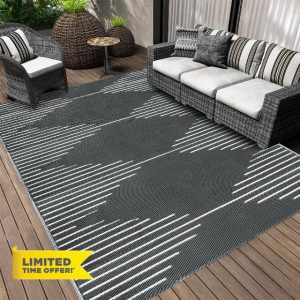Falflor Large Outdoor Rug 240x300cm for Garden Waterproof Reversible Patio Rug Foldable Plastic Picnic Blanket UV Resistant Floor Mat for Beach Camping RV Deck(Grey)