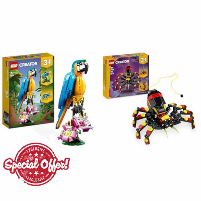 LEGO Creator 3 in 1 Exotic Parrot to Frog to Fish + 3in1 Wild Animals: Surprising Spider Toy - Transforms into a Scorpion Figure or a Snake 31136 +31139