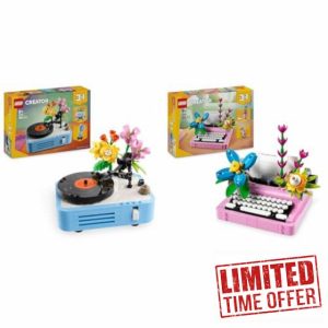 LEGO Creator 3in1 Record Player with Flowers - Rebuilds Into a Radio Model or Microphone + 3in1 Typewriter with Flowers Toy - Transforms into a Keytar Model or a Flowerpot 31172 + 31169