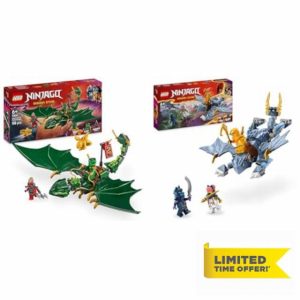 LEGO NINJAGO Lloyd’s Green Forest Dragon Figure + Young Dragon Riyu Toy Includes 3 Ninja Character Minifigures with Sword Accessories Imaginative Play 71829 + 7181
