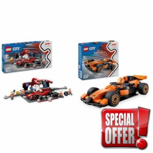 LEGO City F1 Pit Stop & Pit Crew with Ferrari Car + F1 Driver with McLaren Race Car Toys Formula 1 Set for Motorsport Fans 60443 + 60442