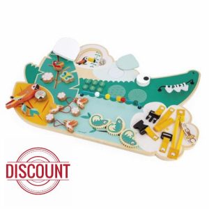 Janod - Busy Board Croco - Activity Board - Jungle Animals Theme - 14 Activities - Childrens Toy for Boys & Girls - Fine Motor Skills - FSCTM Wooden Toy - From 18 Months - J0828