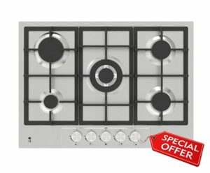 Gas Hob 5 Zone Built-In with Cast Iron Pan Stands 70cm - Stainless Steel