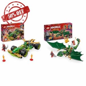 LEGO NINJAGO Lloyd’s Pull-Back Race Car Toy + Lloyd’s Green Forest Dragon Figure Imaginative Play Dragons Rising Fans 71828 + 71829