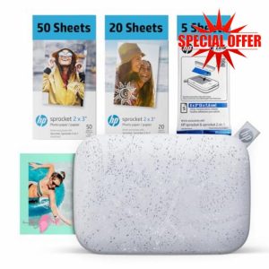 HP Sprocket 2x3 Instant Smartphone Photo Printer 75 Sheets Bundle - Bluetooth Portable Color Wireless Mobile Printer (White) Zink Sticky-Back Photos