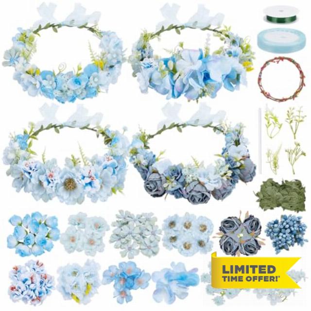 FREEBLOSS 4 Set Flower Crowns DIY Kit 67pcs Blue Flower Crown DIY Flower Crowns Headband Making Kit Handmade Floral Hair Accessories for Wedding Birthday Fairy Party Favors DIY Arts and Crafts