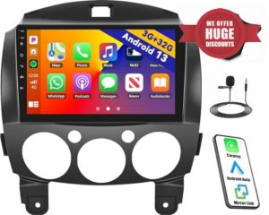 CAMECHO Qualcomm 8-Core Android 13 Car Stereo for Mazda 2 2007-2014 3+32GB 9 Inch Touchscreen Car Radio Wireless Carplay Android Auto GPS Navigation WiFi Bluetooth FM RDS DSP Backup Camera Mirror Link