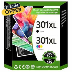 301XL Ink Cartridges 2-Pack Black and Colour Combo Pack Remanufactured for HP 301XL for Envy 4500 5530 5532 4502 4507 DeskJet 2540 2050 1050 OfficeJet 2620 2622 4630 4632 All in One Printe