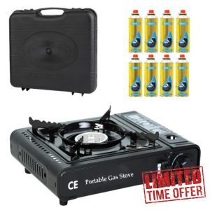 Camping Stove with Carry Case and 8 Butane Gas Canisters - Premium Portable Gas Stove EN417 Compliant With Heat Control