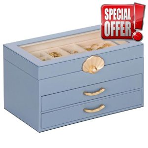 Jewellery Box with 2 Drawers : Jewellery Display Organiser for Earrings Necklaces - Gift for Girls Women | Grey Blue