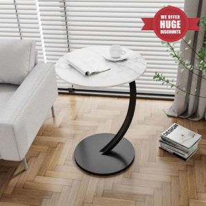 XRBCNMM Round side table Coffee table end Steel frame C-shaped design Easy to assemble Modern home décor Bedside Indoor (White Marble - Black Frame)