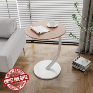XRBCNMM Round side table Coffee table end Steel frame C-shaped design Easy to assemble Modern home décor Bedside Indoor (Light Brown - White Frame)