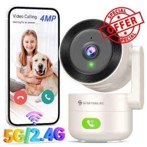 SYMYNELEC Indoor Camera with 2.4/5GHz WiFi: 2K 4MP Pet Dog Cameras with App - 360° Baby Monitor with AI Motion & Crying Detection