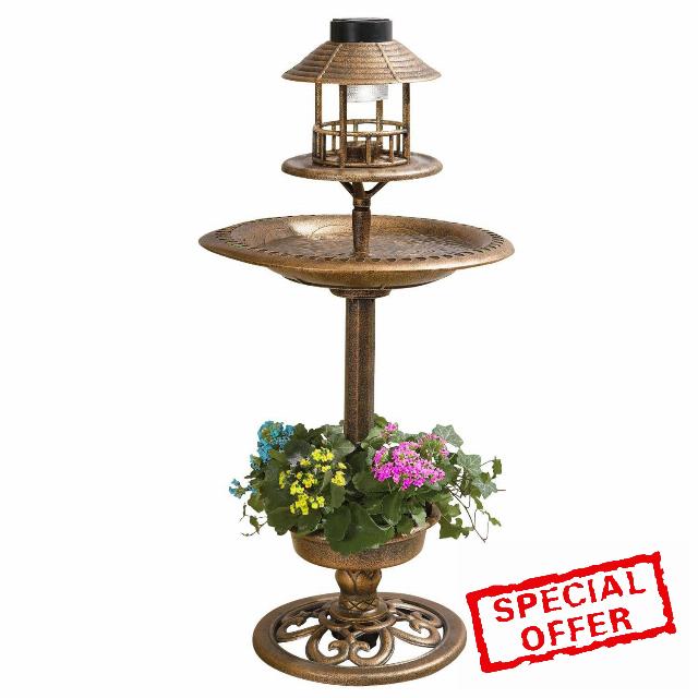 Taylor & Brown 3 In 1 Copper Effect Bird Bath & Table Bird Hotel Feeder with Solar Light and Planter Lightweight Fountain Decoration Garden Outdoor Birds Water