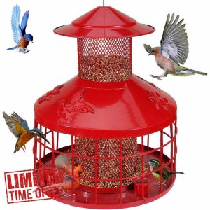 Squirrel Proof Bird Feeder - 4.2LB Red Metal Retractable Hanging Bird Feeder with 3 Water Cups
