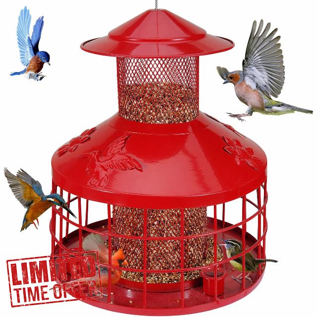 Squirrel Proof Bird Feeder - 4.2LB Red Metal Retractable Hanging Bird Feeder with 3 Water Cups