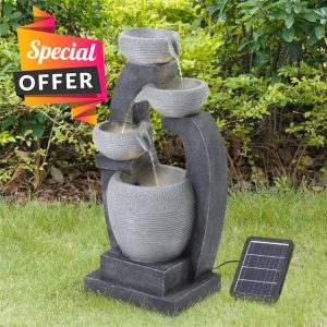 BTGGG Solar Powered Water Feature - 4 Tier Patterned Bowl Cascading Solar Water Fountain Outdoor Garden Water Feature Solar Waterfall with Lights and Pump For Patio Yard Deco