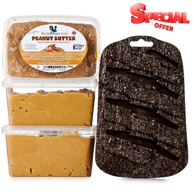 Grumpy Gardener Peanut Butter Bird Food – 3 Suet Tubs of 500g Bird Peanut with Bark Feeder Hanging Station
