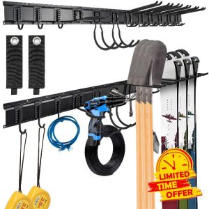 Tool Rack Wall Mount Garage Garden Tool Organizer 64 Inches Garden Tool Holder with 4 Rails & 12 Adjustable Hooks for Hoses