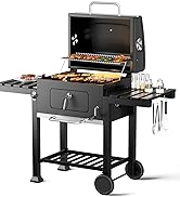DKIEI Barbecue Grill, Portable Charcoal BBQ Grill with Wheel & Folding Table, Thermometer & Adjus...
