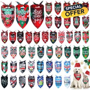 Abbylike 50 Pcs Christmas Plaid Dog Bandanas Bulk Holiday Dog Scarf Bibs Puppy Bandanas Adjustable Washable Kerchief Pet Costume Accessories Grooming Supplies for Small to Large Cats Dogs