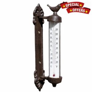 Cast Iron Bird Wall Thermometer Antique Brown Rustic Window Frame Garden Decor