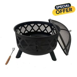 Neo Black Outdoor Heater Fire Pit Bowl Garden Patio Grate Lid Poker BBQ Charcoal Log Wood Burner Bonfire Camping