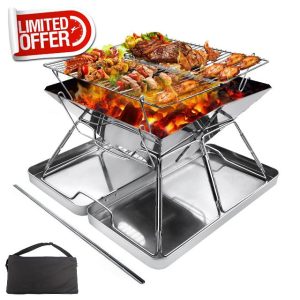Portable Fire Pit for Camping: Collapsible Stainless Steel Grill with iron Carry box
