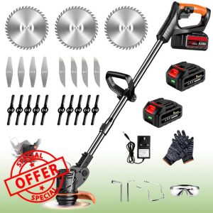 Strimmer Cordless Telescopic Lightweight Grass Trimmer Garden Strimmer Electric Cordless with 2 × 21V Lithium Battery Fast Charger and Four Kinds Spare Blades Brush Cutter for Garden Clearing Weeds