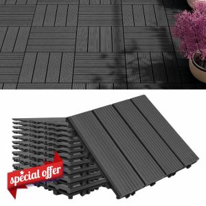 Pack of 8 Durable Composite Decking Tiles - Garden Patio and Outdoor Deck Areas – Easy to Install Interlocking Click System (DARK GREY)
