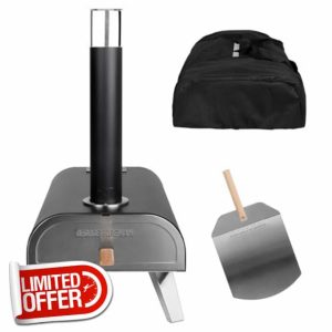 George Foreman Outdoor 12 Inch Wood Pellet Portable Wood Fired Pizza Oven Black with Paddle and Carry Bag