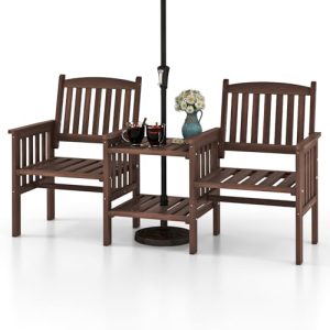 Outdoor Fir Wood Companion Bench Seat with 2 Tier Coffee Table & 5cm Umbrella Hole