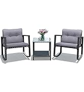 COSTWAY 3 PCS Garden Rocking Bistro Set, PE Rattan Furniture Set with 2-tier Coffee Table, Glider...