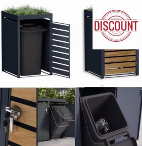 DWD® Garden Single Wheelie Bin Hideaway with Plant Roof 120L / 240L Waste Bin Storage Shed w/Locking Door Outdoor Hygienic Rustproof Dustbin Cover Powder coated Steel Matt Grey RAL7016 Wood Slats