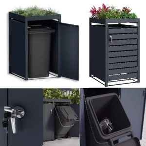 DWD® Garden Single Wheelie Bin Hideaway with Plant Roof 120L / 240L Waste Bin Storage Shed w/Locking Door Outdoor Hygienic Rustproof Dustbin Cover Powder coated Steel Matt Grey RAL7016 Grey Slats