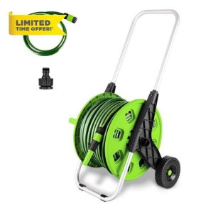 50M Hose Trolley Assembled Cart Hose Reel Cart Trolley Spray Garden Hosepipe with Adjustable Handle Nozzle Wheel Freestanding Outdoo