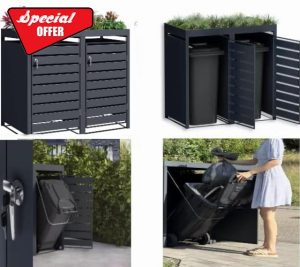 DWD® Garden Double Wheelie Bin Hideaway with Plant Roof 120L / 240L Waste Bin Storage Shed w/Locking Door Outdoor Hygienic Rustproof Dustbin Cover Powder coated Steel Matt Grey RAL7016 Grey Slats