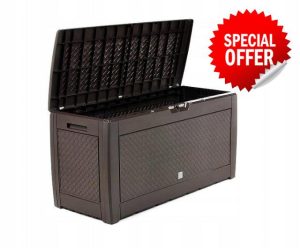 310L Garden Storage Box Umber Plastic Outdoor Indoor Organizer Rattan Look Brown Patio Chest Modern Large
