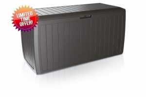 Stolmet 290L Wood-Look Garden Storage Box | Outdoor Plastic Patio Tool Chest & Log Store | 116.6x47x59.5cm | Lockable