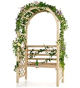 COSTWAY Garden Arch with Gate, Metal Pergola Arbor Trellis for Climbing Plant Rose Vines with 6 S...