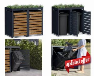 DWD® Garden Double Wheelie Bin Hideaway with Plant Roof 120L/240L Waste Bin Storage Shed w/Locking Door Outdoor Hygienic Rustproof Dustbin Powdercoated Steel Matt Grey RAL7016 with Wood Effect Doors