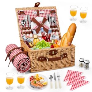 Handmade Willow Hamper Basket with Waterproof Picnic Blanket Cooler Compartment Plates Wine Glasses Flatware Picnic Hamper for Camping Outdoor Party