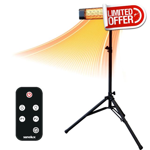 Senelux Electric Infrared Patio Heater 2000W with Tripod | IP65 Water-Resistant Radiant Heater for Indoor & Outdoor | Remote Control