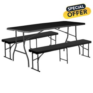 Harbour Housewares Folding Camping Picnic Table & Bench Set - 180cm (6ft) - Black - 4pc Foldable Portable Outdoor Garden Dining Furniture