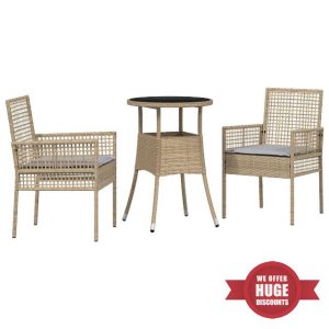 idaXL 2-Seater Beige Wicker Patio Dining Set - Round Table with Chairs - Outdoor Balcony & Garden Furniture - Weather & Water Resista