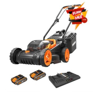 Worx WG779E.2 40V 34cm Cordless Lawnmower – Ideal for Small to Medium Gardens (Up to 400㎡) – Includes 2x 2.0Ah Batteries & Charger – Cut-to-Edge