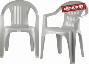 Plastic Garden Chair Grey Stackable with Vertical Slat Low Back Design Indoor and Outdoor Use Suitable for Patio Parties Picnics or Camping (Grey - 2 Chair Set)