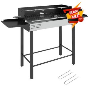 Outsunny BBQ Rotisserie Grill Roaster Charcoal Spit Roasting Machine for Chicken Turkey with 3-Level Grill Grate and Foldable Side Shelves