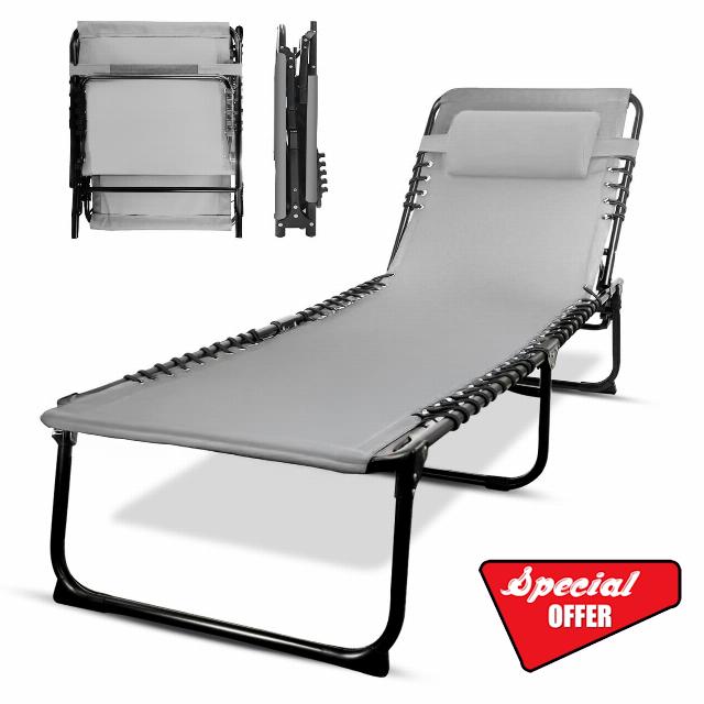 KEPLIN Foldable Recliner Sun Lounger - 600D Oxford Fabric - Adjustable Back and Leg Rests - Lightweight and Portable - Compact Space-Saving Design - Durable Outdoor Use - 190 x 65 x 30 cm (Grey)