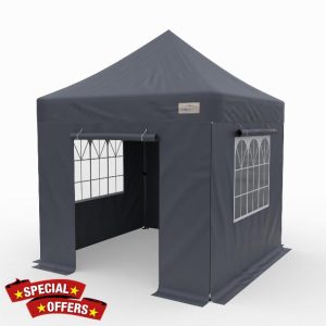 3m x 3m GAZEBO DARK GREY HEAVY DUTY POP-UP HERCULES GAZEBO WITH ZIPPER SIDES - PRIVACY BLINDS WHEEL HOLDALL